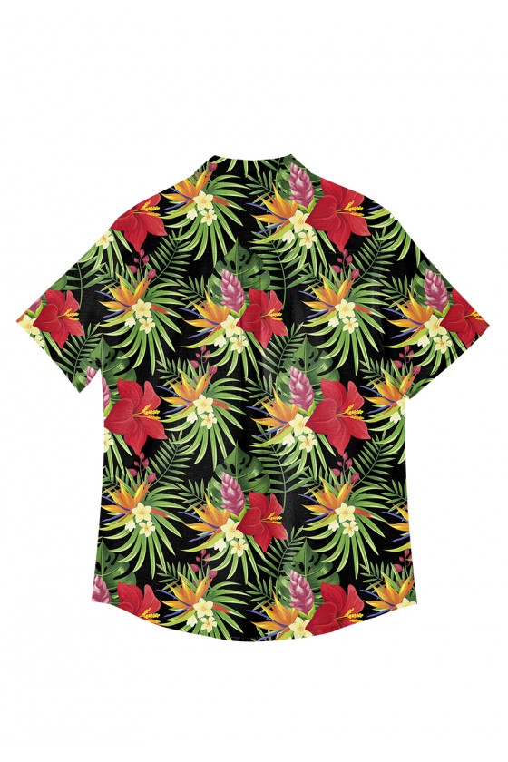 Koszula Hawajska Ciemna Czerwone Kwiaty