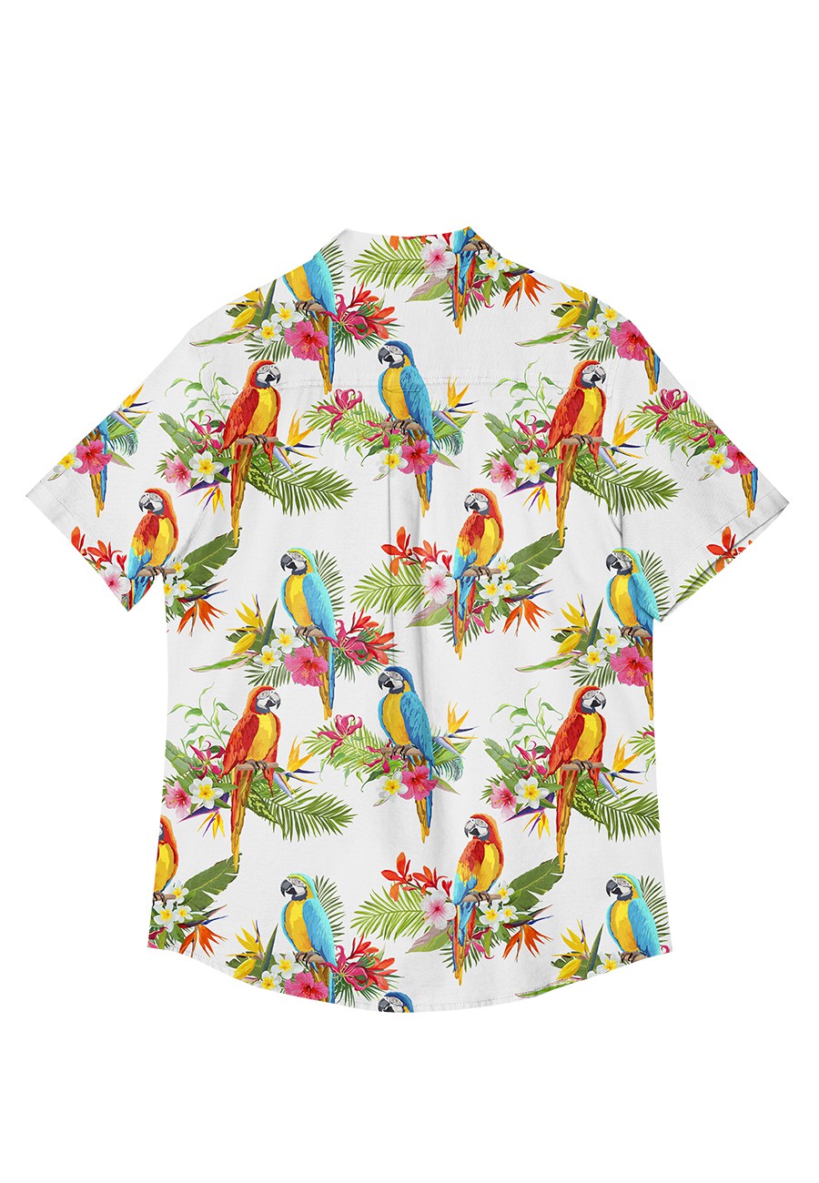 Koszula Hawajska Biała Kolorowe Papugi