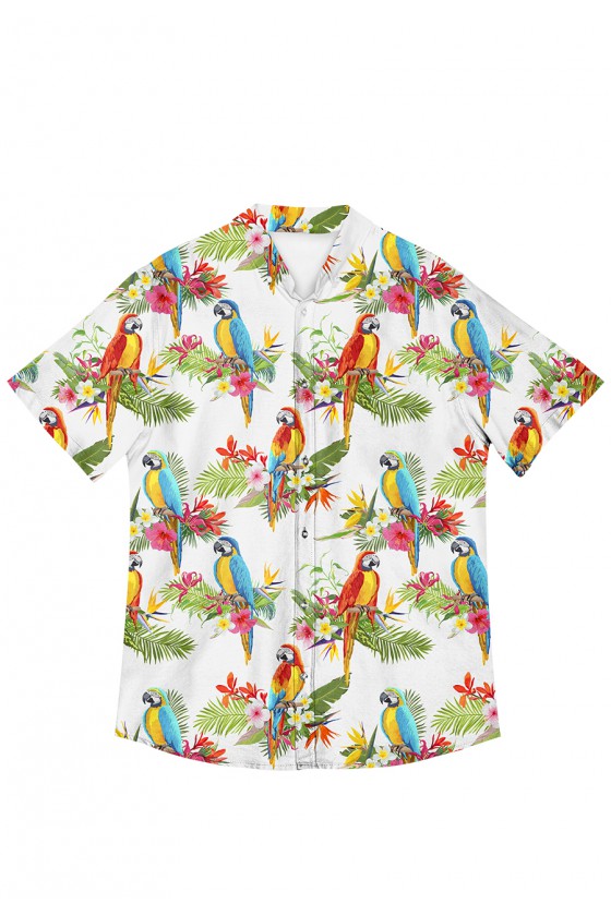 Koszula Hawajska Biała Kolorowe Papugi