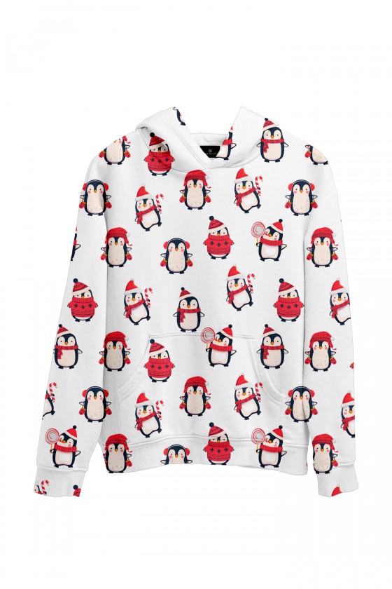 Świąteczna bluza z kapturem pingiwnki w czapkach mikołaja