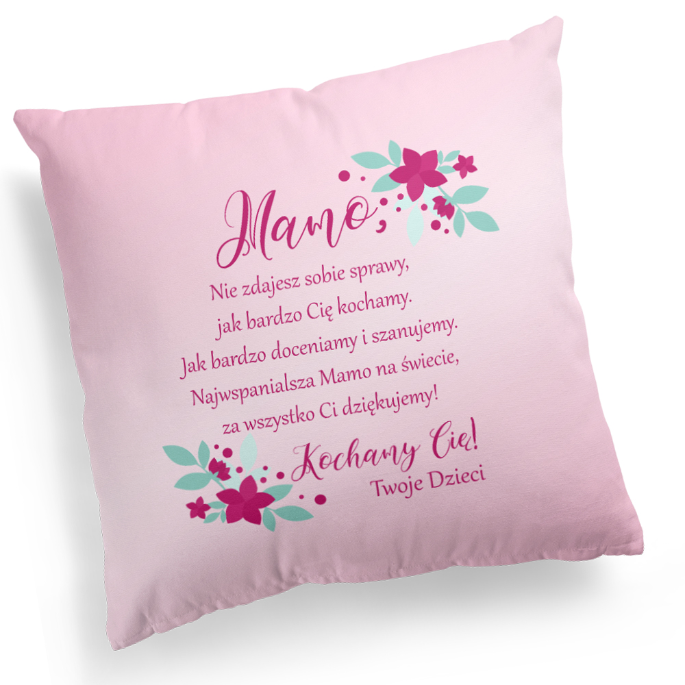 Różowa poduszka z podziękowaniem od pociech dla ukochanej mamy - pomysł na prezent wysyłkowy na Dzień Matki