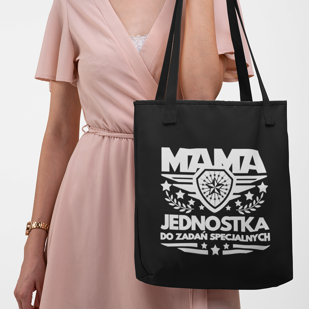 Modna czarna torba bawełniana z napisem Mama Jednostka do Zadań Specjanych